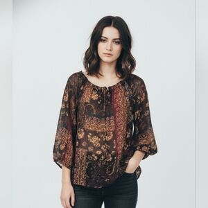 Chaps Blouse Burgundy Black Peasant Fairy Boho Sheer Patchwork Floral MP